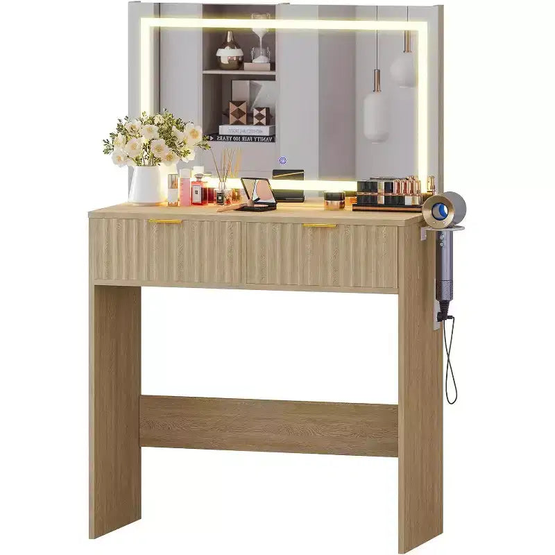 Toeletta scanalata con specchio grande, mobile da trucco con 2 cassetti, tavolo da trucco per camera da letto