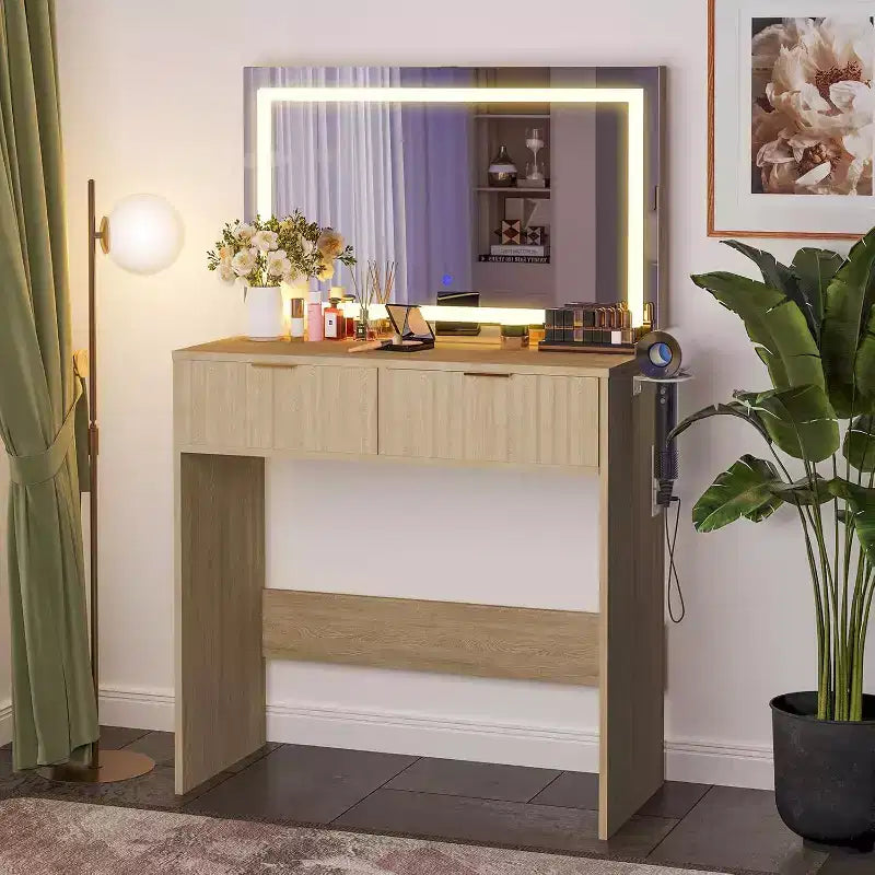 Toeletta scanalata con specchio grande, mobile da trucco con 2 cassetti, tavolo da trucco per camera da letto