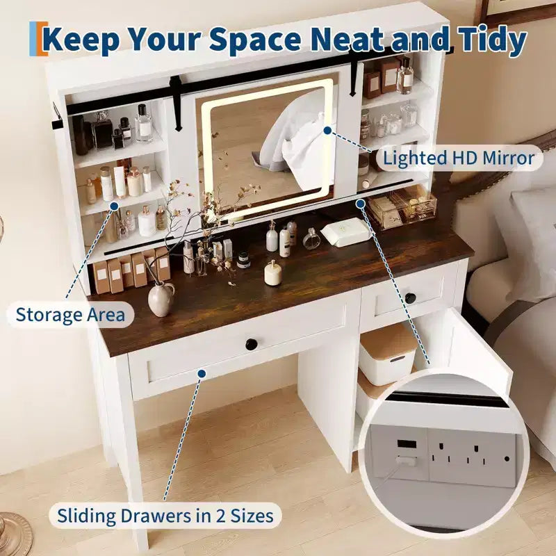 GustoWave Toeletta con Specchio, Tavolo Trucco Moderno Bianco con Cassetti e Sgabello Contenitore, Tavolo da Toletta per Camera da Letto, Organizer Spazioso ed Elegante