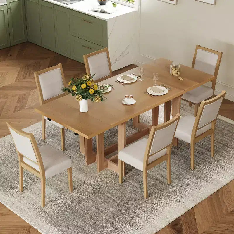 Set da pranzo rustico allungabile Whisen da 7 pezzi, tavolo da cucina a cavalletto da 82" e 6 sedie da pranzo imbottite con gambe in legno di gomma