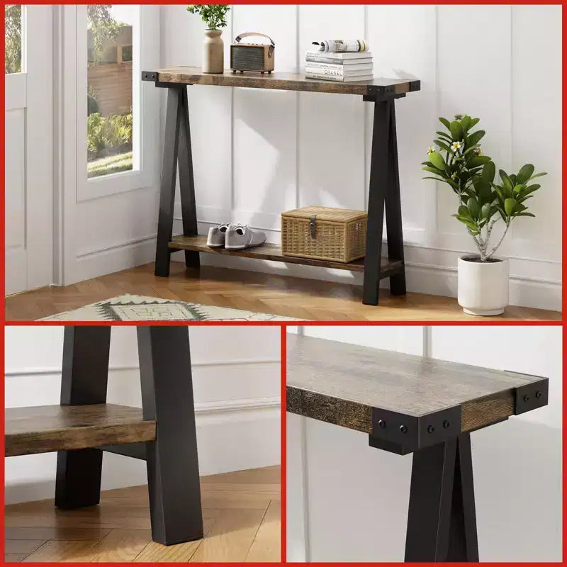 Tavolo Consolle a 2 Ripiani in Stile Fattoria da 43,3" con Struttura in Metallo e MDF, Tavolino Stretto da Divano con Contenitore, Tavolino Dietro il Divano per Ingresso, Soggiorno, Corridoio