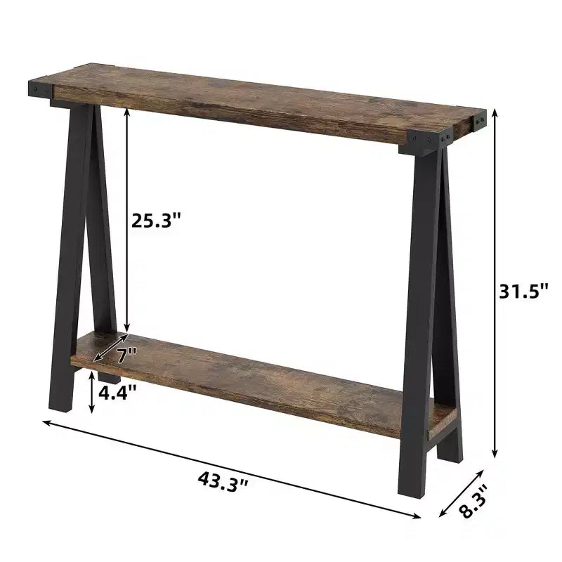 Tavolo Consolle a 2 Ripiani in Stile Fattoria da 43,3" con Struttura in Metallo e MDF, Tavolino Stretto da Divano con Contenitore, Tavolino Dietro il Divano per Ingresso, Soggiorno, Corridoio