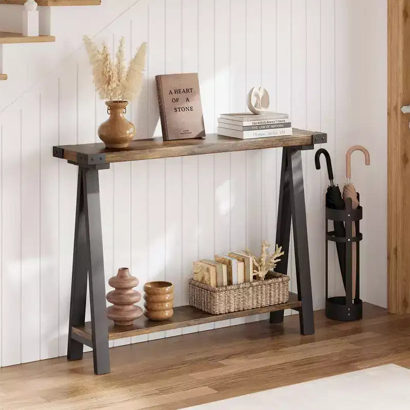 Tavolo Consolle a 2 Ripiani in Stile Fattoria da 43,3" con Struttura in Metallo e MDF, Tavolino Stretto da Divano con Contenitore, Tavolino Dietro il Divano per Ingresso, Soggiorno, Corridoio