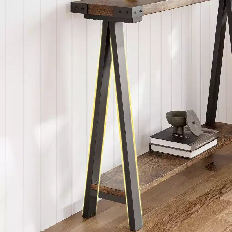 Tavolo Consolle a 2 Ripiani in Stile Fattoria da 43,3" con Struttura in Metallo e MDF, Tavolino Stretto da Divano con Contenitore, Tavolino Dietro il Divano per Ingresso, Soggiorno, Corridoio