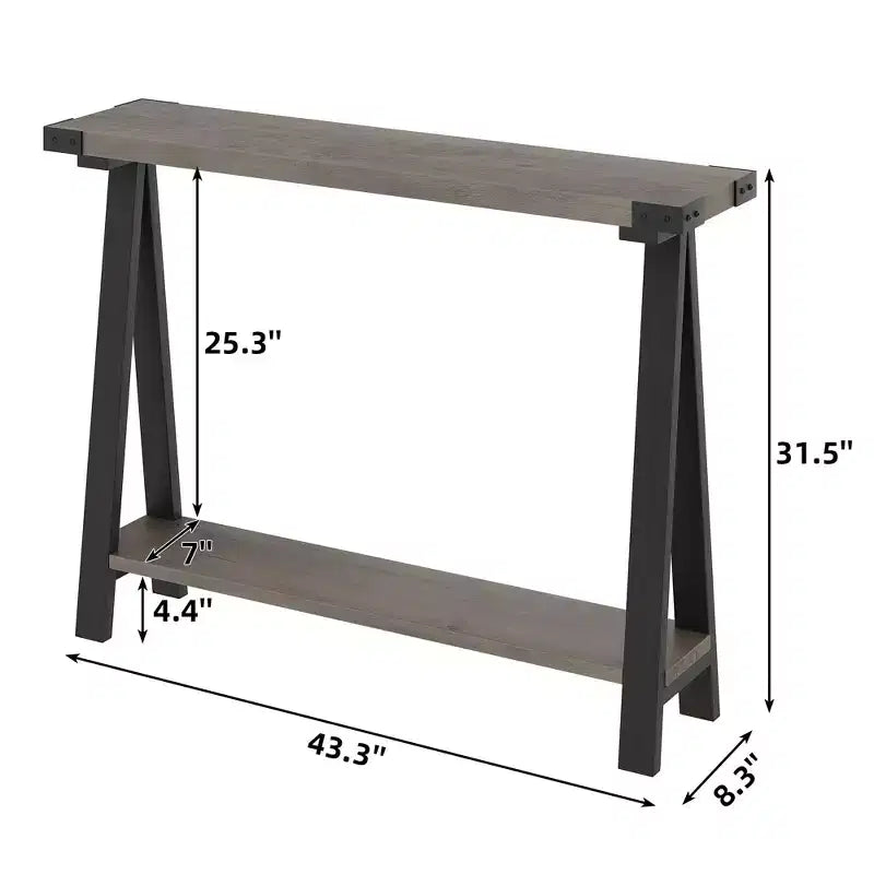 Tavolo Consolle a 2 Ripiani in Stile Fattoria da 43,3" con Struttura in Metallo e MDF, Tavolino Stretto da Divano con Contenitore, Tavolino Dietro il Divano per Ingresso, Soggiorno, Corridoio