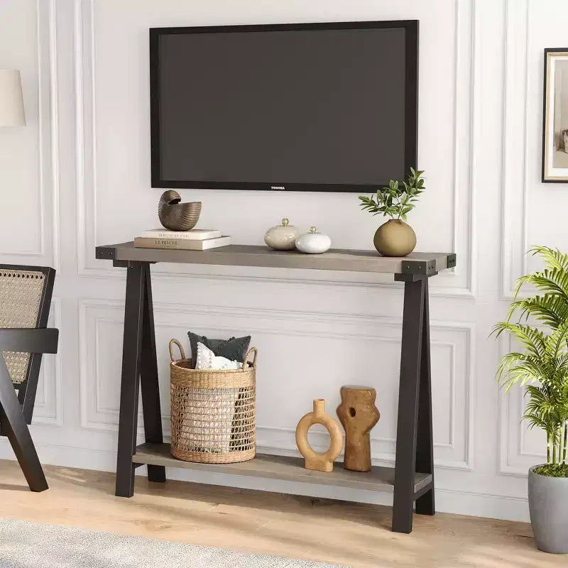 Tavolo Consolle a 2 Ripiani in Stile Fattoria da 43,3" con Struttura in Metallo e MDF, Tavolino Stretto da Divano con Contenitore, Tavolino Dietro il Divano per Ingresso, Soggiorno, Corridoio