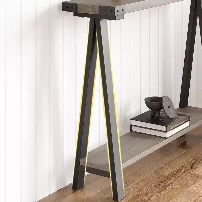 Tavolo Consolle a 2 Ripiani in Stile Fattoria da 43,3" con Struttura in Metallo e MDF, Tavolino Stretto da Divano con Contenitore, Tavolino Dietro il Divano per Ingresso, Soggiorno, Corridoio