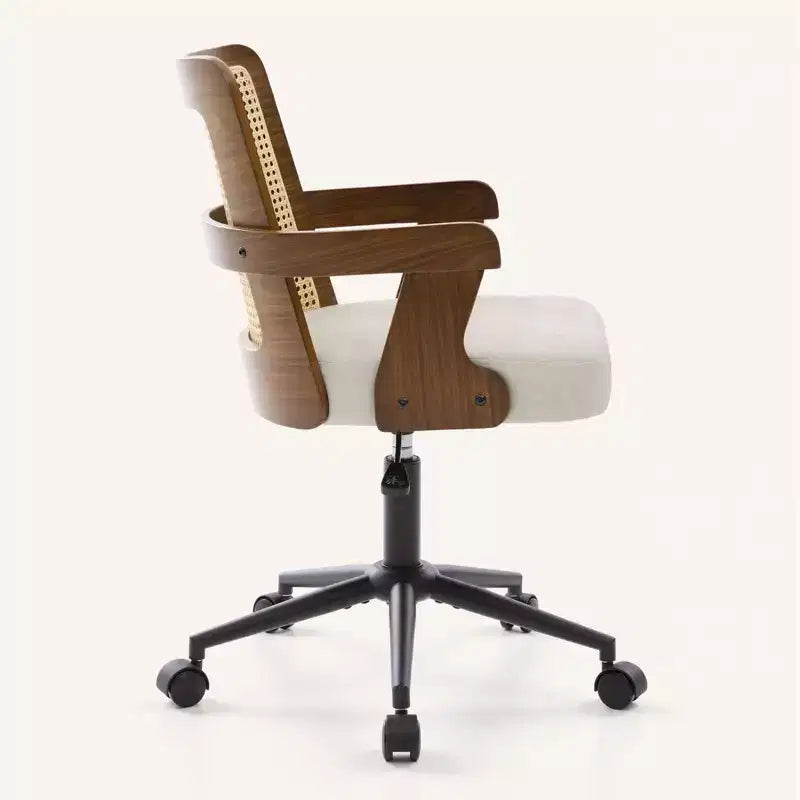 Sedia da ufficio Bekrvio in stile metà secolo, sedia a braccioli in legno curvato di noce con schienale in canna, sedia da scrivania girevole regolabile