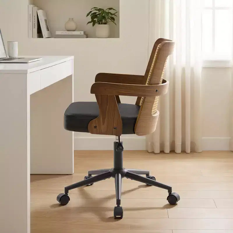 Sedia da ufficio Bekrvio in stile metà secolo, sedia a braccioli in legno curvato di noce con schienale in canna, sedia da scrivania girevole regolabile