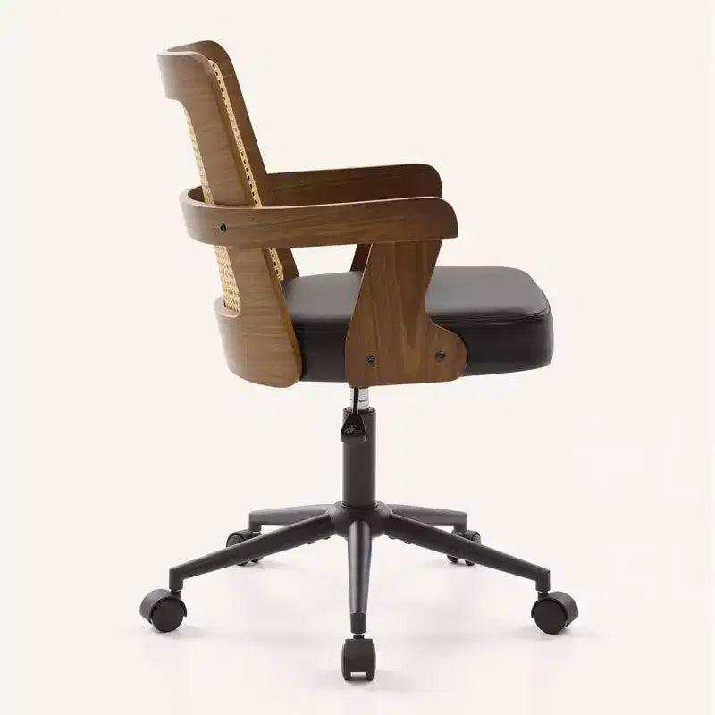 Sedia da ufficio Bekrvio in stile metà secolo, sedia a braccioli in legno curvato di noce con schienale in canna, sedia da scrivania girevole regolabile