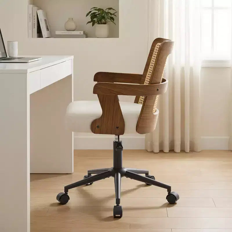 Sedia da ufficio Bekrvio in stile metà secolo, sedia a braccioli in legno curvato di noce con schienale in canna, sedia da scrivania girevole regolabile
