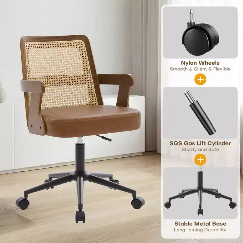 Sedia da ufficio Bekrvio in stile metà secolo, sedia a braccioli in legno curvato di noce con schienale in canna, sedia da scrivania girevole regolabile