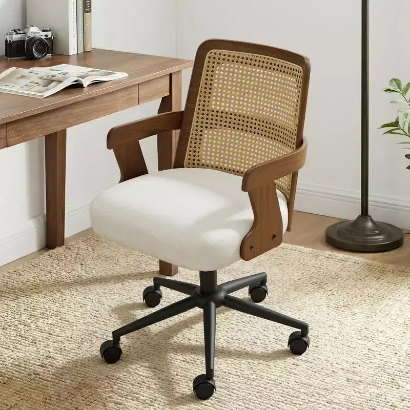 Sedia da ufficio Bekrvio in stile metà secolo, sedia a braccioli in legno curvato di noce con schienale in canna, sedia da scrivania girevole regolabile