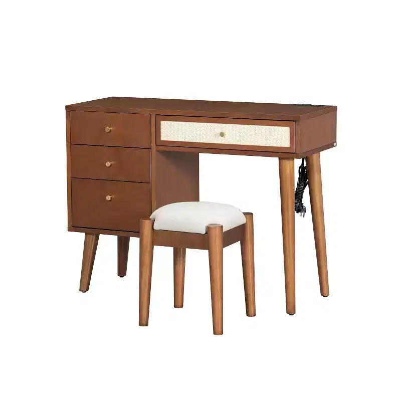 MAYEERTY 39 Tavolo da toeletta retrò in legno con 3 cassetti e cassetto rettangolare in rattan per camera da letto, noce