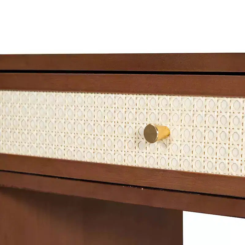 MAYEERTY 39 Tavolo da toeletta retrò in legno con 3 cassetti e cassetto rettangolare in rattan per camera da letto, noce