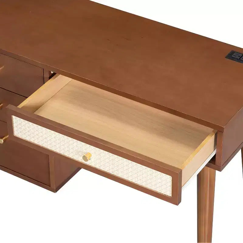 MAYEERTY 39 Tavolo da toeletta retrò in legno con 3 cassetti e cassetto rettangolare in rattan per camera da letto, noce