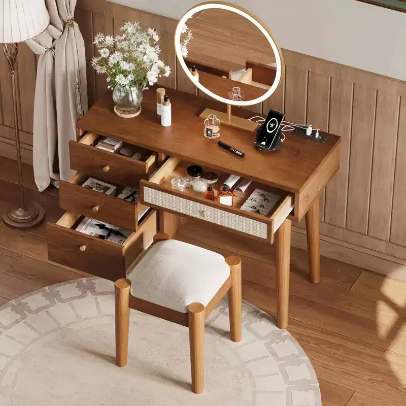 MAYEERTY 39 Tavolo da toeletta retrò in legno con 3 cassetti e cassetto rettangolare in rattan per camera da letto, noce