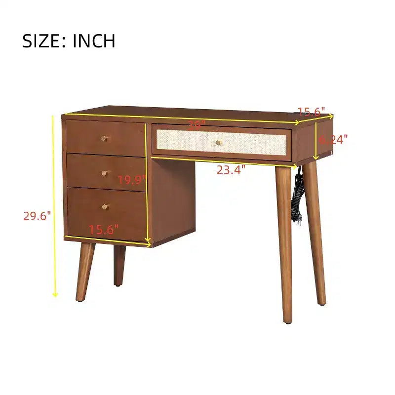 MAYEERTY 39 Tavolo da toeletta retrò in legno con 3 cassetti e cassetto rettangolare in rattan per camera da letto, noce