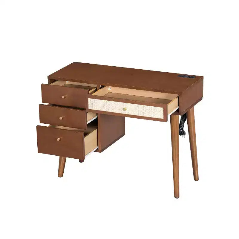 MAYEERTY 39 Tavolo da toeletta retrò in legno con 3 cassetti e cassetto rettangolare in rattan per camera da letto, noce
