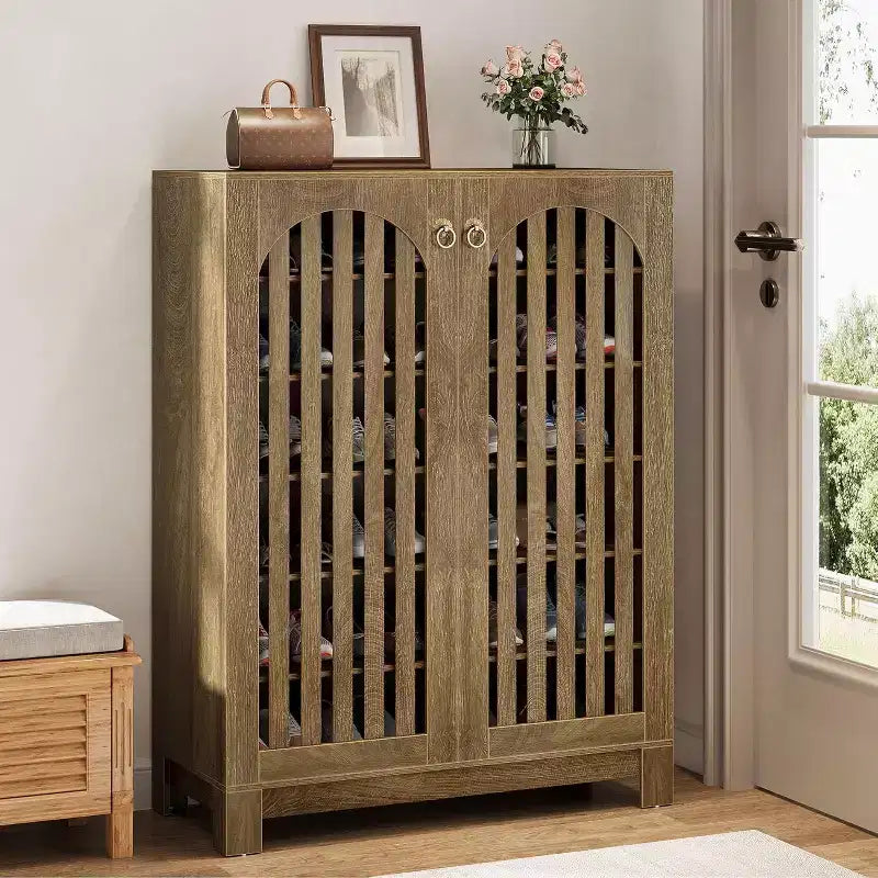 Lantine Shoe Cabinet with Slatted Doors, 6-Tier Entryway Shoe Storage Rack Organizer with Adjustable Shelves for Living Room, Bedroom, Oak