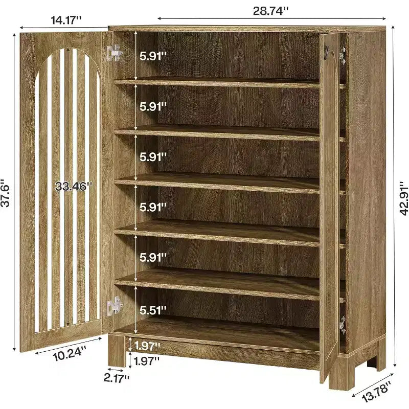 Scarpiera Lantine con Ante a Doghe, Scarpiera da Ingresso a 6 Livelli con Ripiani Regolabili per Soggiorno, Camera da Letto, Rovere