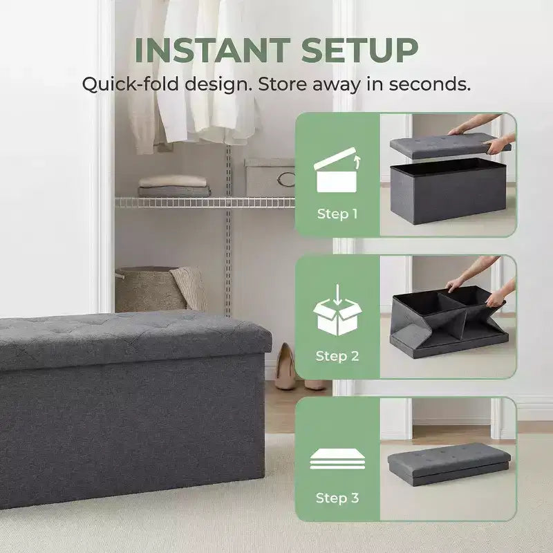 Panca Contenitore Ottomana Pieghevole, Poggiapiedi Ottomano, Panca Fondo Letto, Baule Contenitore, per Soggiorno, Camera da Letto, Ingresso, 76 cm, Grigio