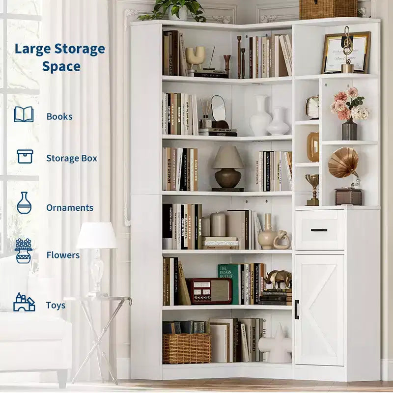Libreria angolare alta 74 pollici, a 6 ripiani, a forma di L, con cassetto e armadietti per casa/ufficio