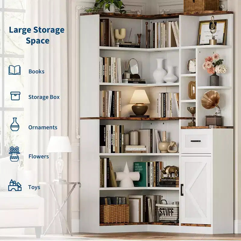 Libreria angolare alta 74 pollici, a 6 ripiani, a forma di L, con cassetto e armadietti per casa/ufficio