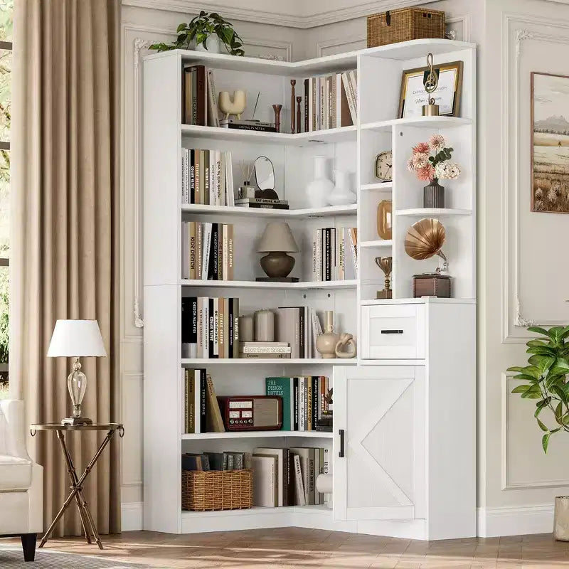 Libreria angolare alta 74 pollici, a 6 ripiani, a forma di L, con cassetto e armadietti per casa/ufficio