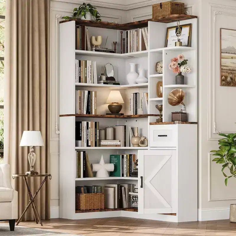 Libreria angolare alta 74 pollici, a 6 ripiani, a forma di L, con cassetto e armadietti per casa/ufficio