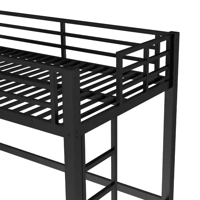Letto a soppalco in metallo nero, misura singola, con scala facile da salire e sponde di sicurezza
