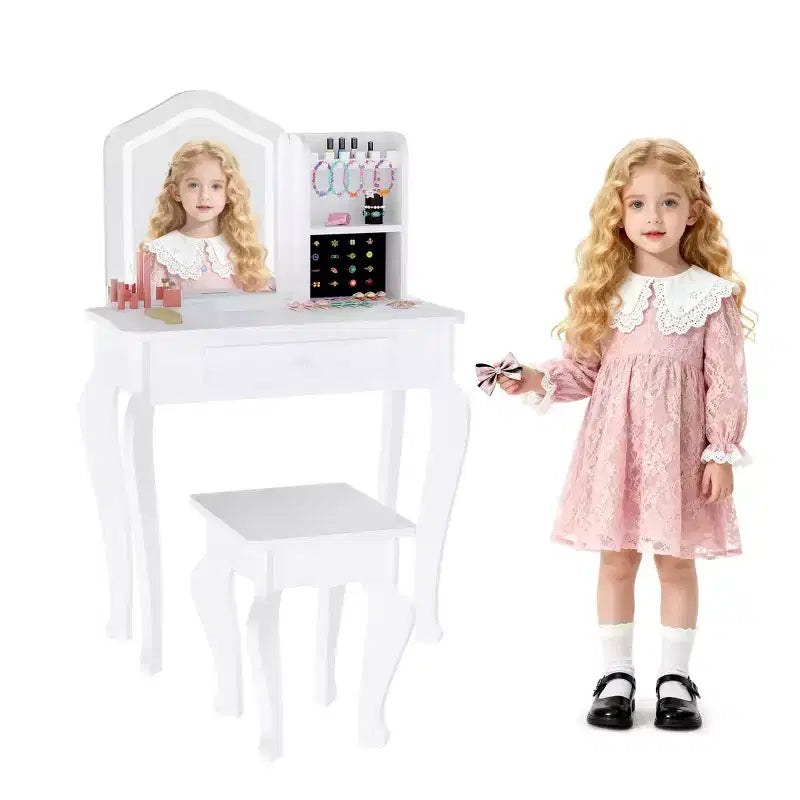 Toeletta per Bambini con Specchio Illuminato e Sgabello, Set da Trucco Giocattolo con Contenitore per Bambine dai 38 Anni