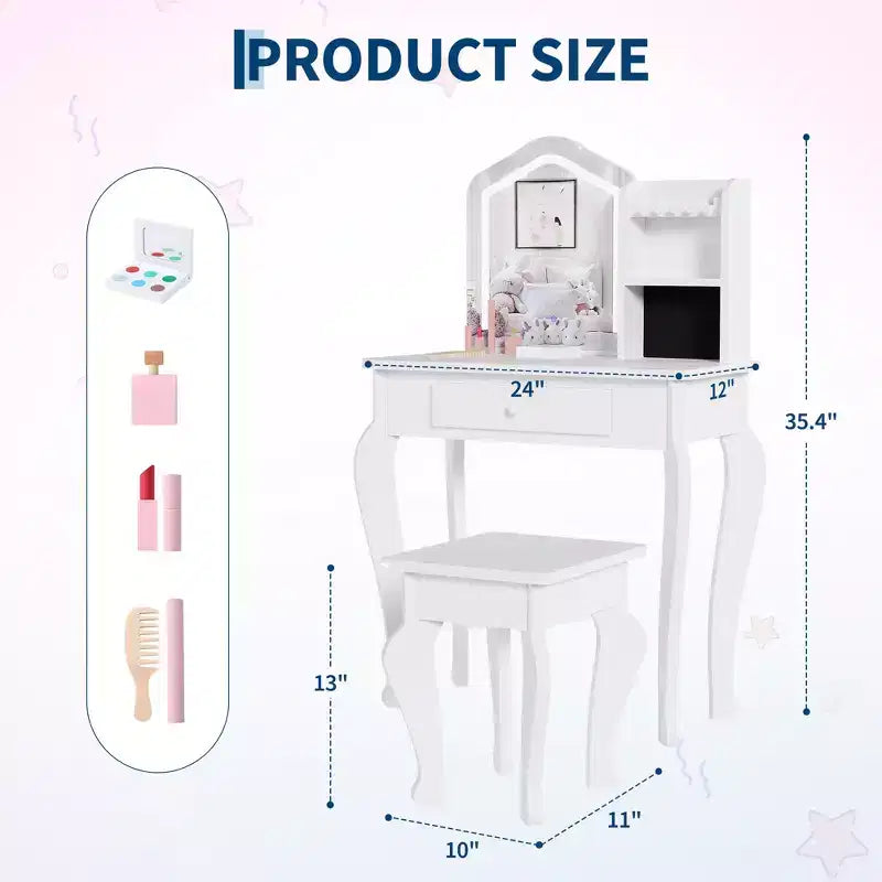Toeletta per Bambini con Specchio Illuminato e Sgabello, Set da Trucco Giocattolo con Contenitore per Bambine dai 38 Anni
