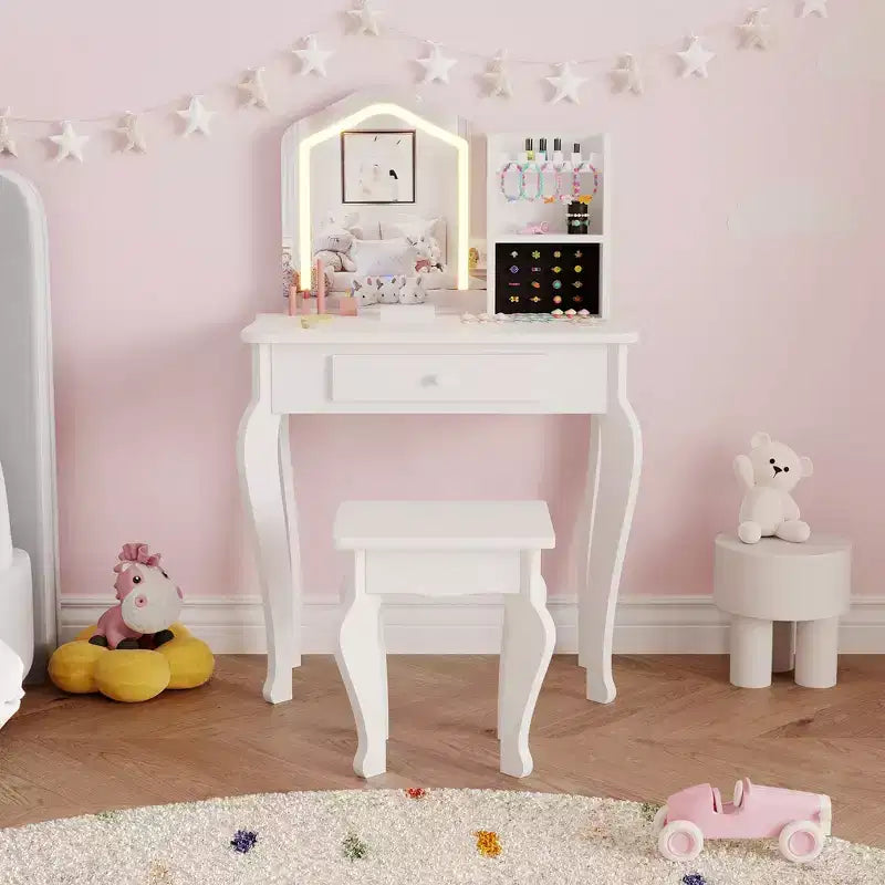 Toeletta per Bambini con Specchio Illuminato e Sgabello, Set da Trucco Giocattolo con Contenitore per Bambine dai 38 Anni