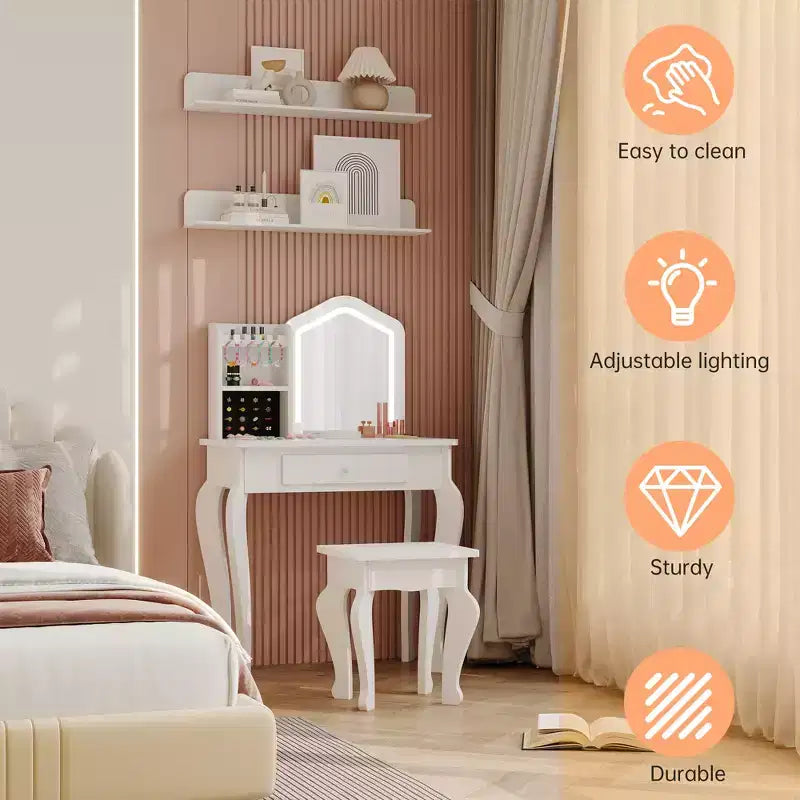 Toeletta per Bambini con Specchio Illuminato e Sgabello, Set da Trucco Giocattolo con Contenitore per Bambine dai 38 Anni