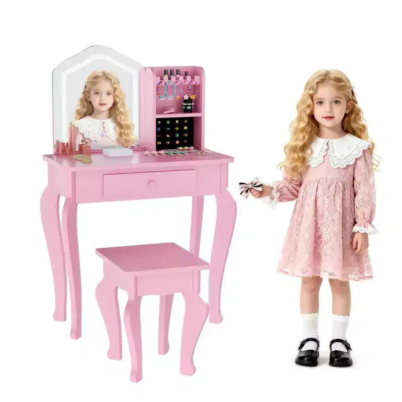 Toeletta per Bambini con Specchio Illuminato e Sgabello, Set da Trucco Giocattolo con Contenitore per Bambine dai 38 Anni