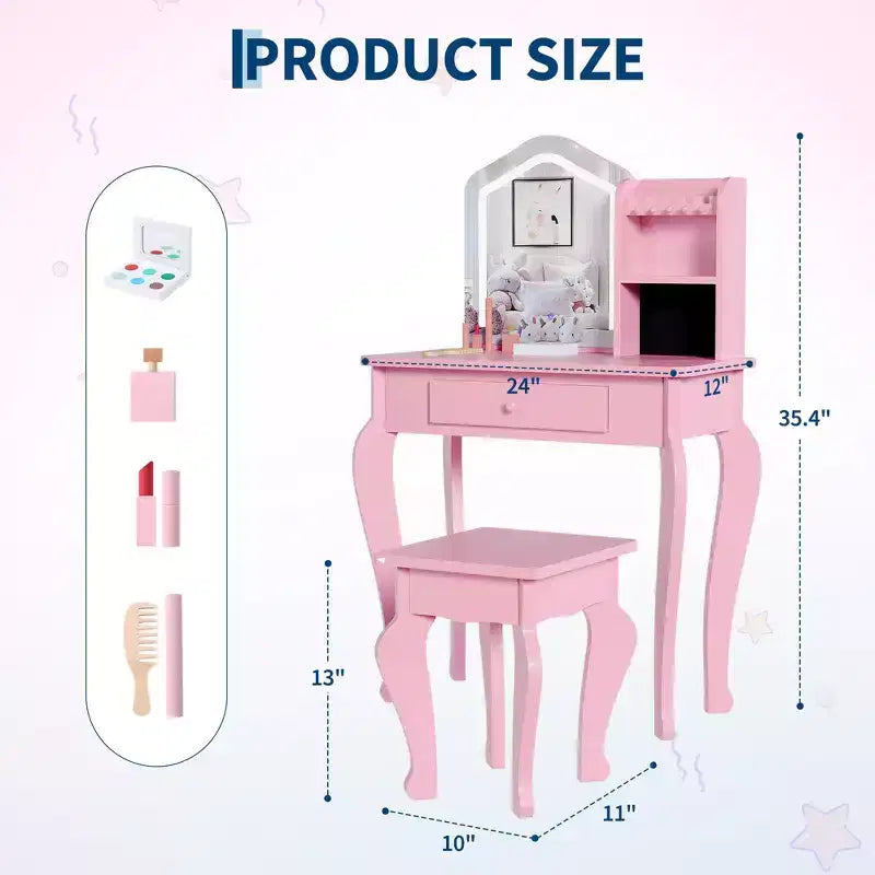 Toeletta per Bambini con Specchio Illuminato e Sgabello, Set da Trucco Giocattolo con Contenitore per Bambine dai 38 Anni