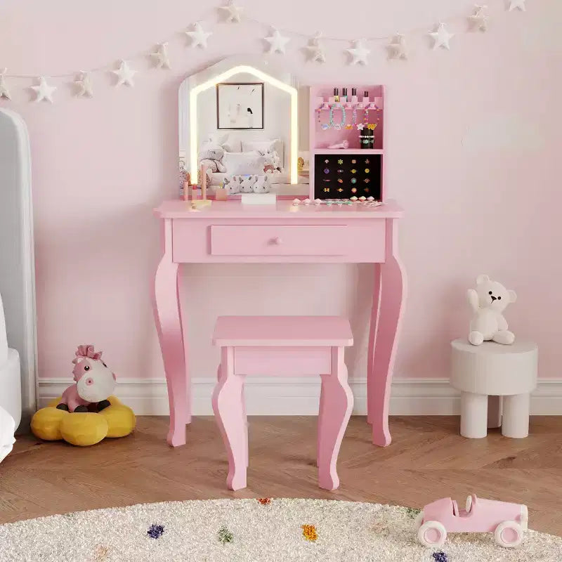 Toeletta per Bambini con Specchio Illuminato e Sgabello, Set da Trucco Giocattolo con Contenitore per Bambine dai 38 Anni