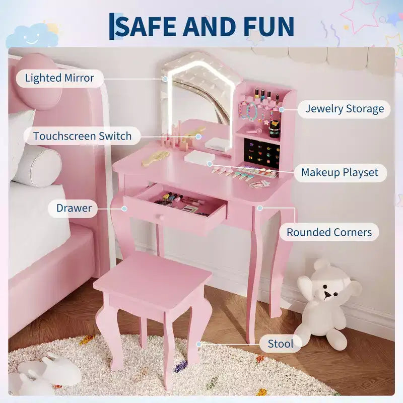 Toeletta per Bambini con Specchio Illuminato e Sgabello, Set da Trucco Giocattolo con Contenitore per Bambine dai 38 Anni