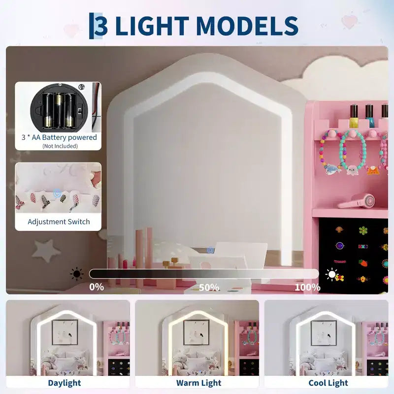 Toeletta per Bambini con Specchio Illuminato e Sgabello, Set da Trucco Giocattolo con Contenitore per Bambine dai 38 Anni