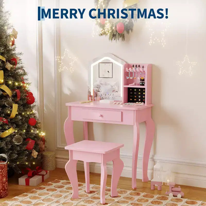 Toeletta per Bambini con Specchio Illuminato e Sgabello, Set da Trucco Giocattolo con Contenitore per Bambine dai 38 Anni