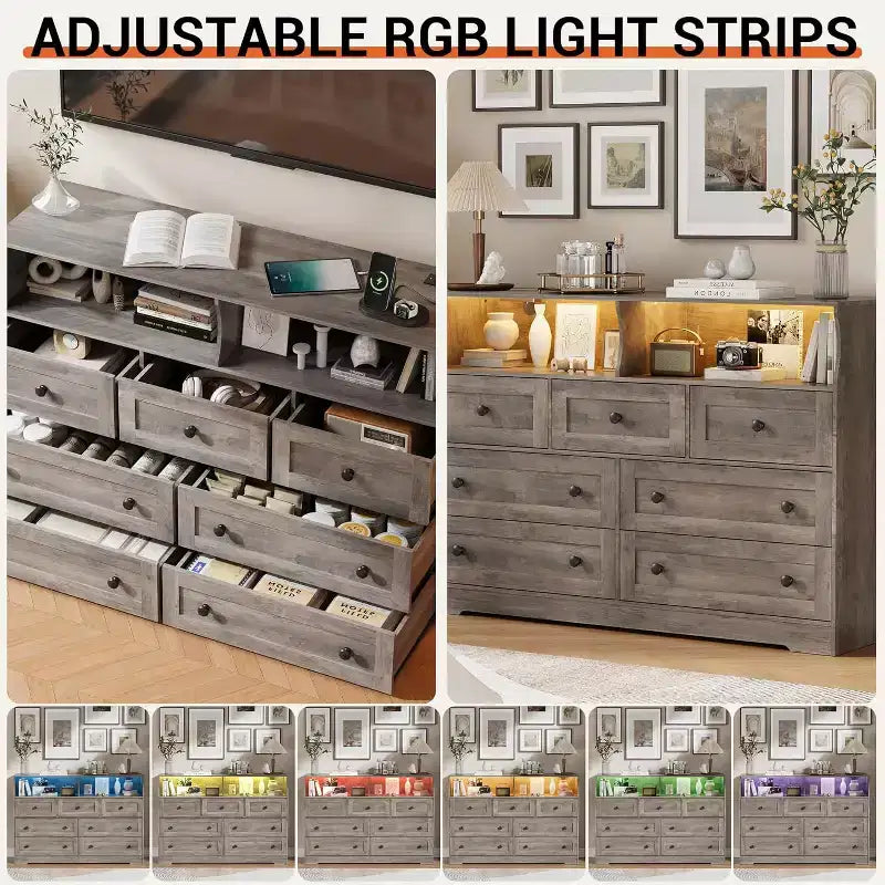 Comò in legno a 7 cassetti, con 2 vani a giorno e luci a LED per camera da letto e soggiorno, Legno chiaro anticato