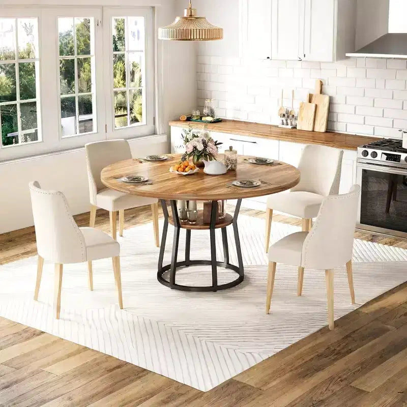 Tavolo da pranzo rotondo Farmhouse da 47 pollici per 4 persone, piano in legno rustico con contenitore e gambe in metallo, tavolo circolare salvaspazio per cucina, sala da pranzo e soggiorno