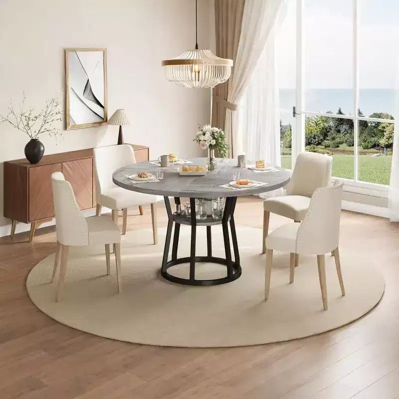 Tavolo da pranzo rotondo Farmhouse da 47 pollici per 4 persone, piano in legno rustico con contenitore e gambe in metallo, tavolo circolare salvaspazio per cucina, sala da pranzo e soggiorno
