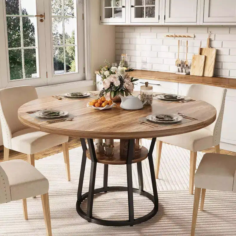 Tavolo da pranzo rotondo Farmhouse da 47 pollici per 4 persone, piano in legno rustico con contenitore e gambe in metallo, tavolo circolare salvaspazio per cucina, sala da pranzo e soggiorno