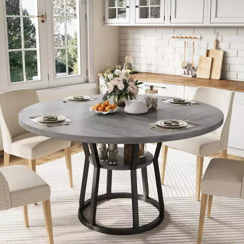 Tavolo da pranzo rotondo Farmhouse da 47 pollici per 4 persone, piano in legno rustico con contenitore e gambe in metallo, tavolo circolare salvaspazio per cucina, sala da pranzo e soggiorno