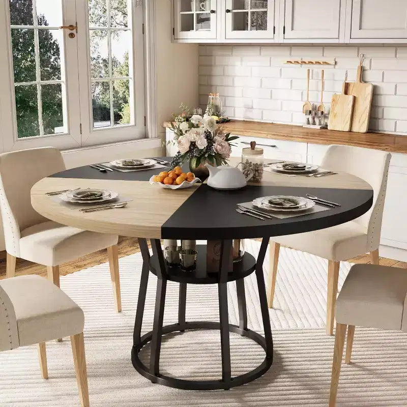 Tavolo da pranzo rotondo Farmhouse da 47 pollici per 4 persone, piano in legno rustico con contenitore e gambe in metallo, tavolo circolare salvaspazio per cucina, sala da pranzo e soggiorno