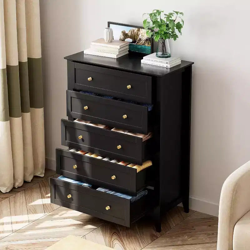 Cassettiera alta a 5 cassetti, mobile contenitore moderno in legno con cassetti profondi e pomelli in metallo, ideale per camera da letto, ingresso o corridoio
