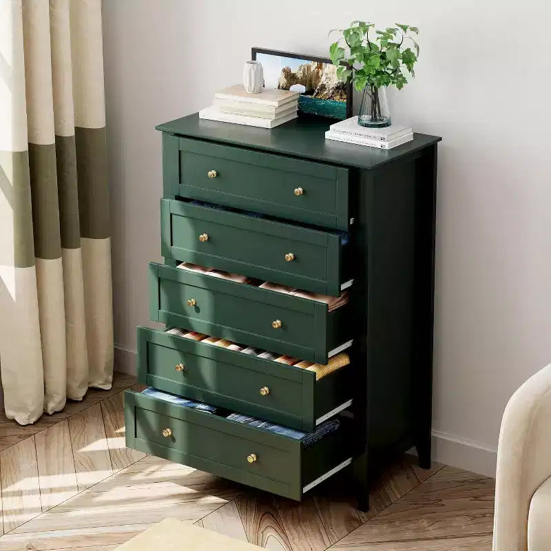 Cassettiera alta a 5 cassetti, mobile contenitore moderno in legno con cassetti profondi e pomelli in metallo, ideale per camera da letto, ingresso o corridoio