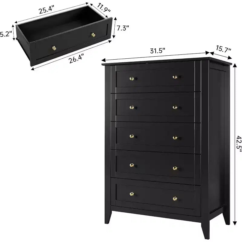 Cassettiera alta a 5 cassetti, mobile contenitore moderno in legno con cassetti profondi e pomelli in metallo, ideale per camera da letto, ingresso o corridoio
